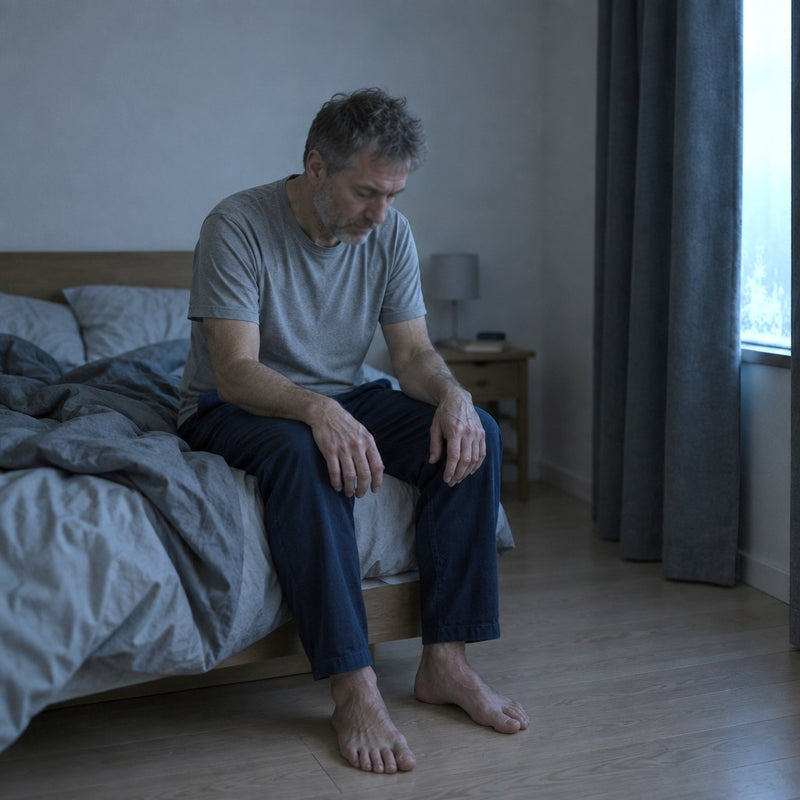 A man sitting on the edge of the bed early on a cold morning, hands on his knees
