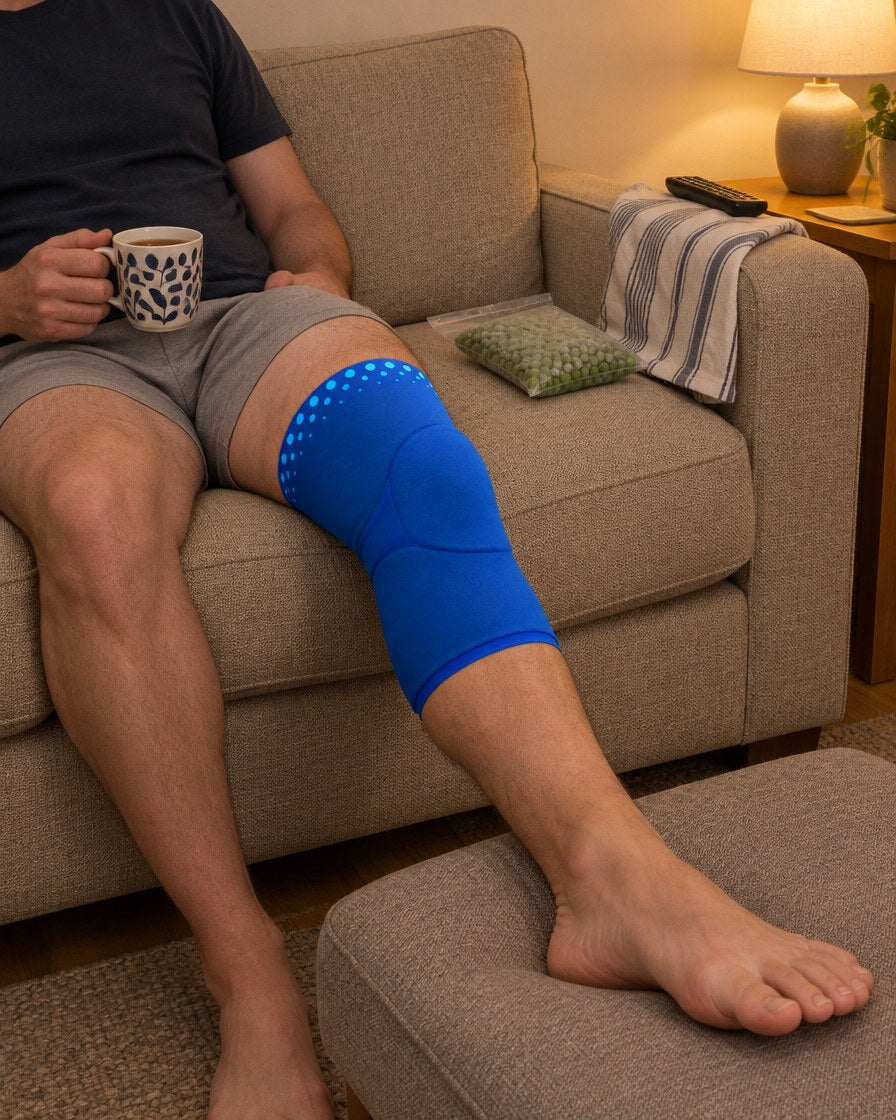 Relaxing on the sofa with a blue knee sleeve on, the frozen peas set aside