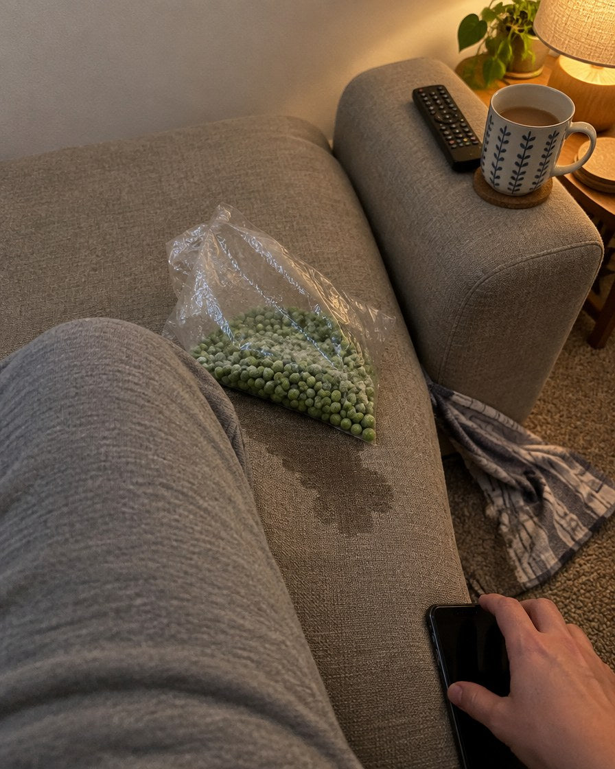 A bag of frozen peas slumped on a sofa cushion beside a wet patch